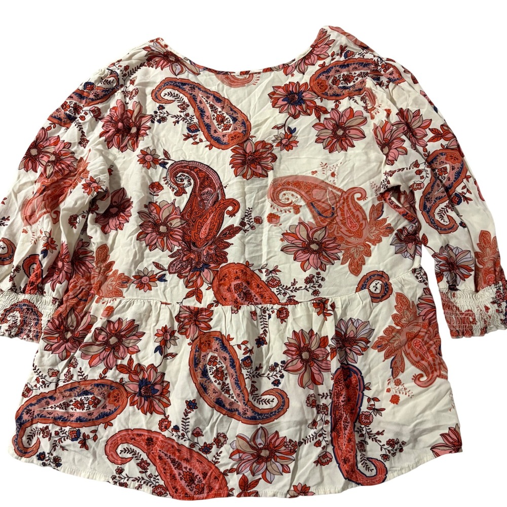 Unique Spectrum Paisley Floral Peplum Blouse 1X Ivory‎ Coral Rayon Button Front - Picture 2 of 10